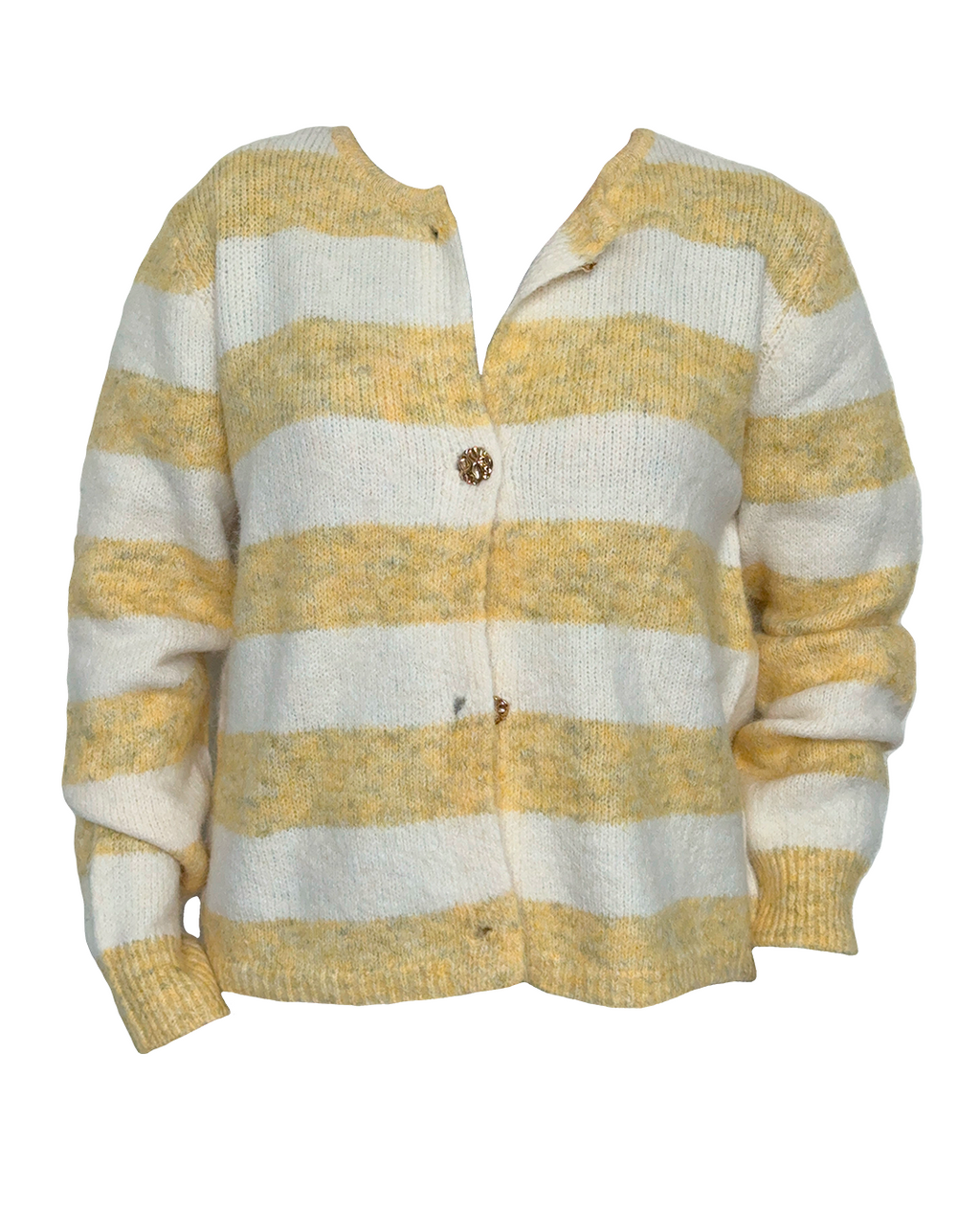 Suéter amarillo con rayas blancas para mujer. Detalle de botones dorados y textura del tejido.