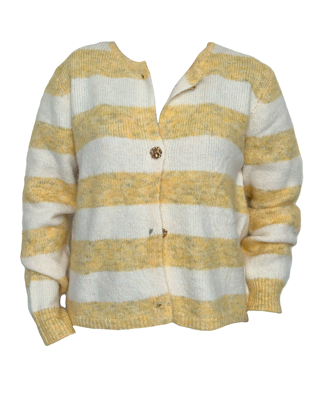 Suéter amarillo con rayas blancas para mujer. Detalle de botones dorados y textura del tejido.