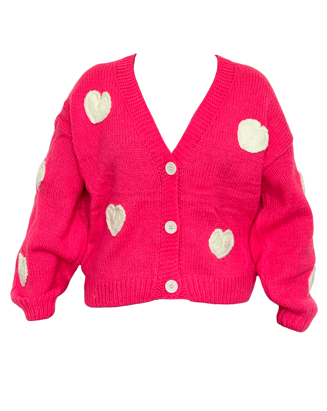 Suéter fucsia de mujer con corazones blancos tejidos y escote en V con botones frontales.
