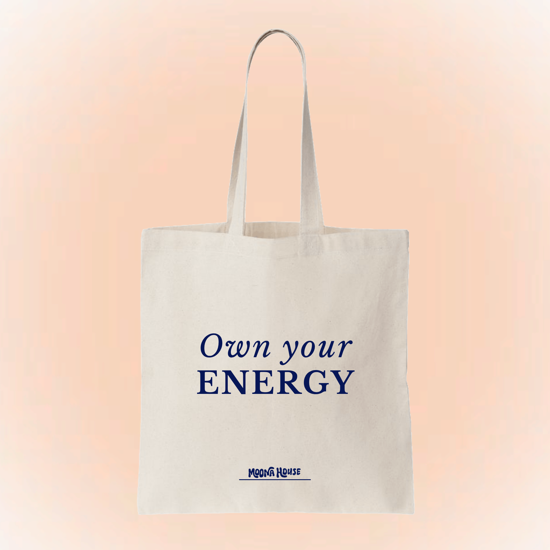 Tote bag beige de tela con estampado own your energy, accesorio casual Moona House
