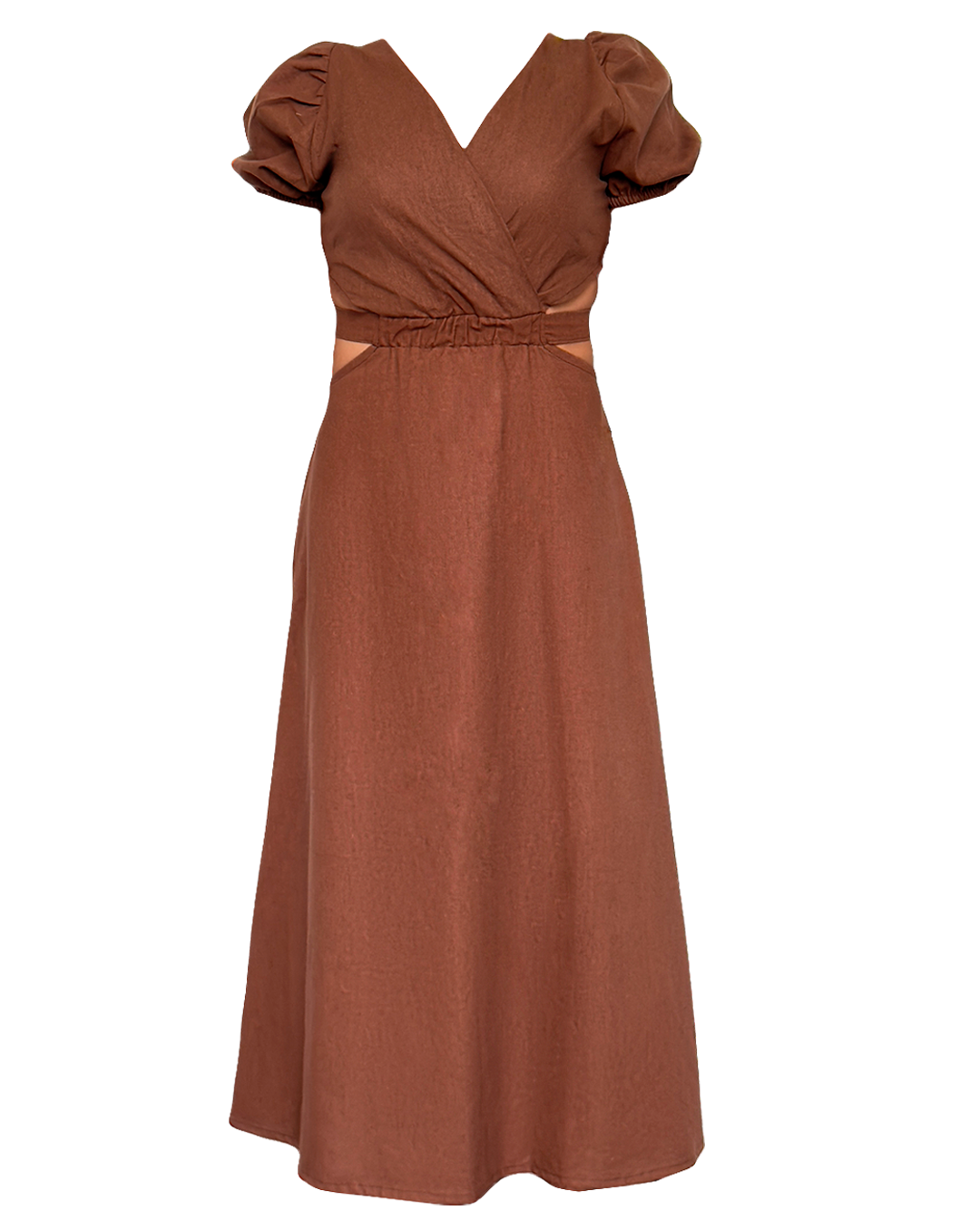 Vestido de lino café largo para mujer, parte delantera, look fresco de playa